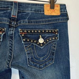 TRUE RELIGION Twisted Seam Joey Studded Low Rise Bootcut Flare Jeans Size 29
